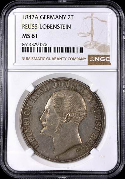 【雨安】【直播拍卖】【第0128期-评级币章】2026-03-14 周六 19:30 (金价1145, 银价22.39) - [评级德国] Germany 德国 德意志 2泰勒 Reuss-L-Ebersdorf罗伊斯 Thun.283 KM#0005 (1840-1847) 亨利七十二世 1847年  NGC-MS61 小邦2泰勒, 罕见