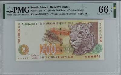 【礼羽收藏】🌏世界钱币拍卖128期 - 1999南非200兰特，PMG66分，首发AAE冠
