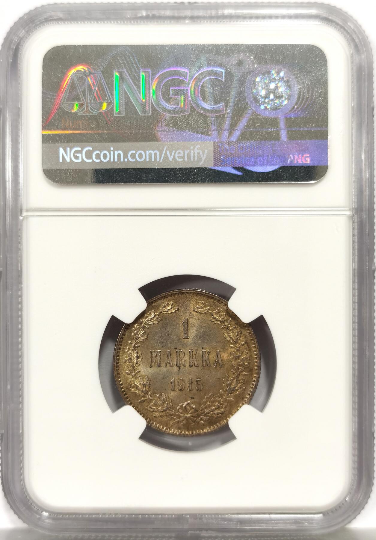 博洋堂世界钱币拍卖第164期（全场包邮） NGC MS63 俄属芬兰1915年1马克银币，非常惊艳的黄油五彩硫化包浆，BU转光，绸缎光丝滑