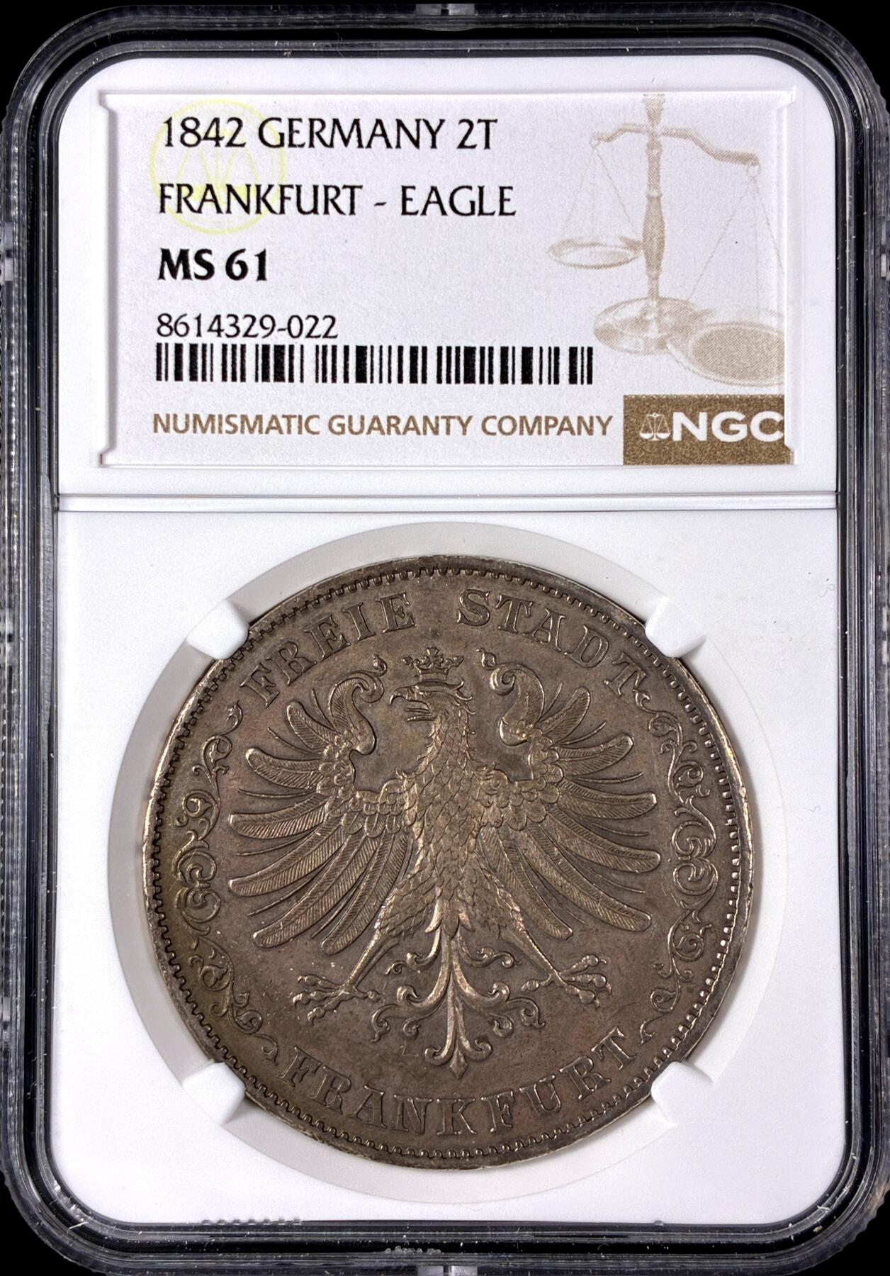 【雨安】【直播拍卖】【第0128期-评级币章】2026-03-14 周六 19:30 (金价1145, 银价22.39) [评级德国] Germany 德国 德意志 2泰勒 Frankfurt法兰克福 Thun.131 KM#0329 (1841-1855) 鹰 1842年  NGC-MS61 原味淡美包浆 此品种的MS品质异常难得