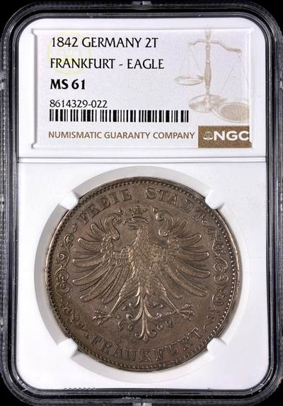 【雨安】【直播拍卖】【第0128期-评级币章】2026-03-14 周六 19:30 (金价1145, 银价22.39) - [评级德国] Germany 德国 德意志 2泰勒 Frankfurt法兰克福 Thun.131 KM#0329 (1841-1855) 鹰 1842年  NGC-MS61 原味淡美包浆 此品种的MS品质异常难得