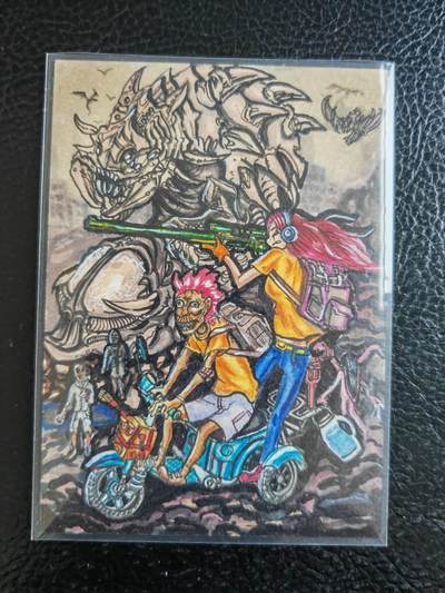 阳大大卡牌拍卖第104期（持续收拍品，周五晚上九点截拍，进群福利早知道） - 【手绘卡】骑着摩托打怪兽-画师黑翼