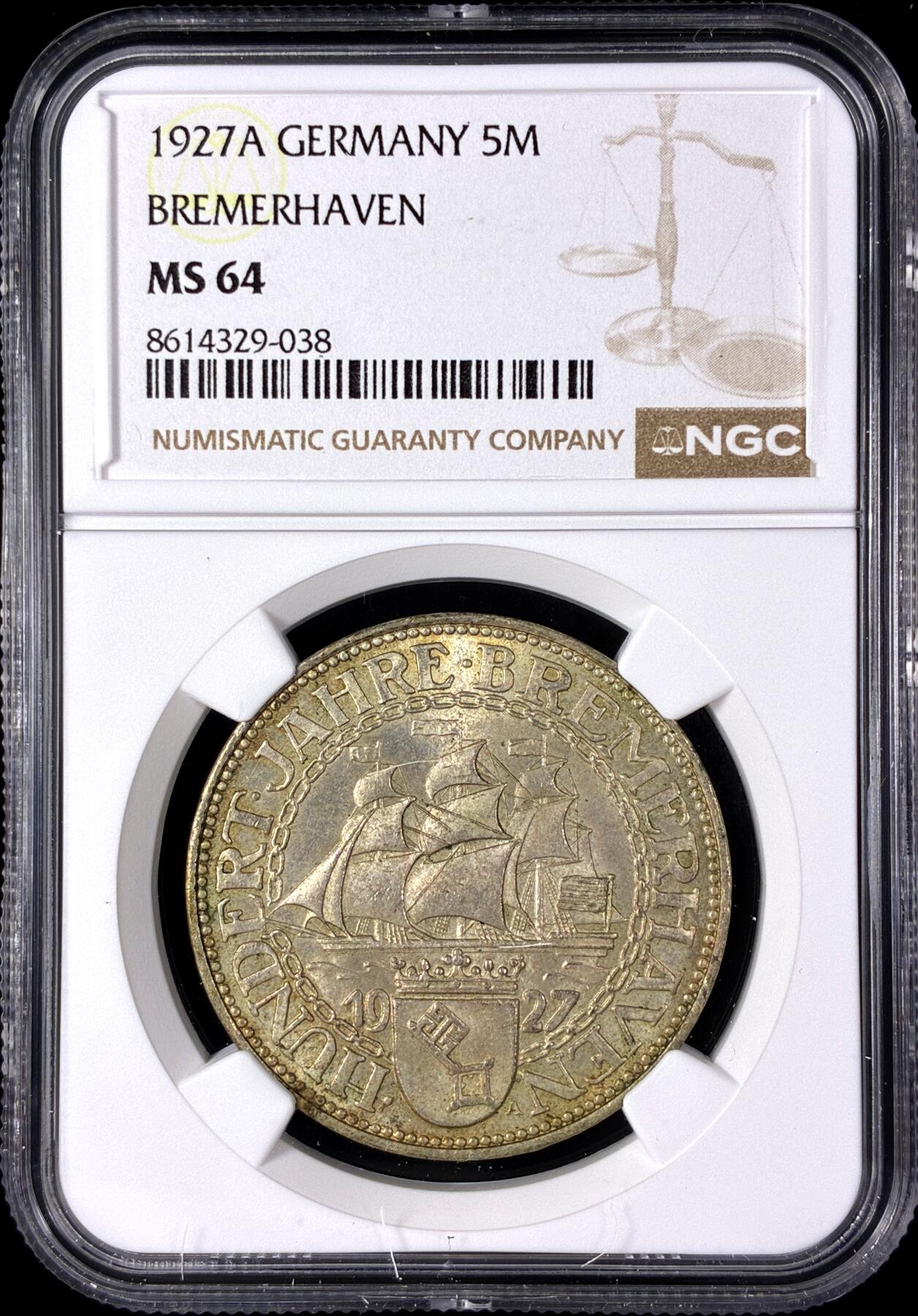 【雨安】【直播拍卖】【第0128期-评级币章】2026-03-14 周六 19:30 (金价1145, 银价22.39) [评级德国] Germany 德国 魏玛 5马克 KM#51 不莱梅哈芬 1927年  NGC-MS64
