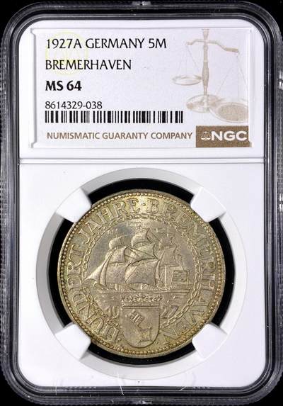 【雨安】【直播拍卖】【第0128期-评级币章】2026-03-14 周六 19:30 (金价1145, 银价22.39) - [评级德国] Germany 德国 魏玛 5马克 KM#51 不莱梅哈芬 1927年  NGC-MS64