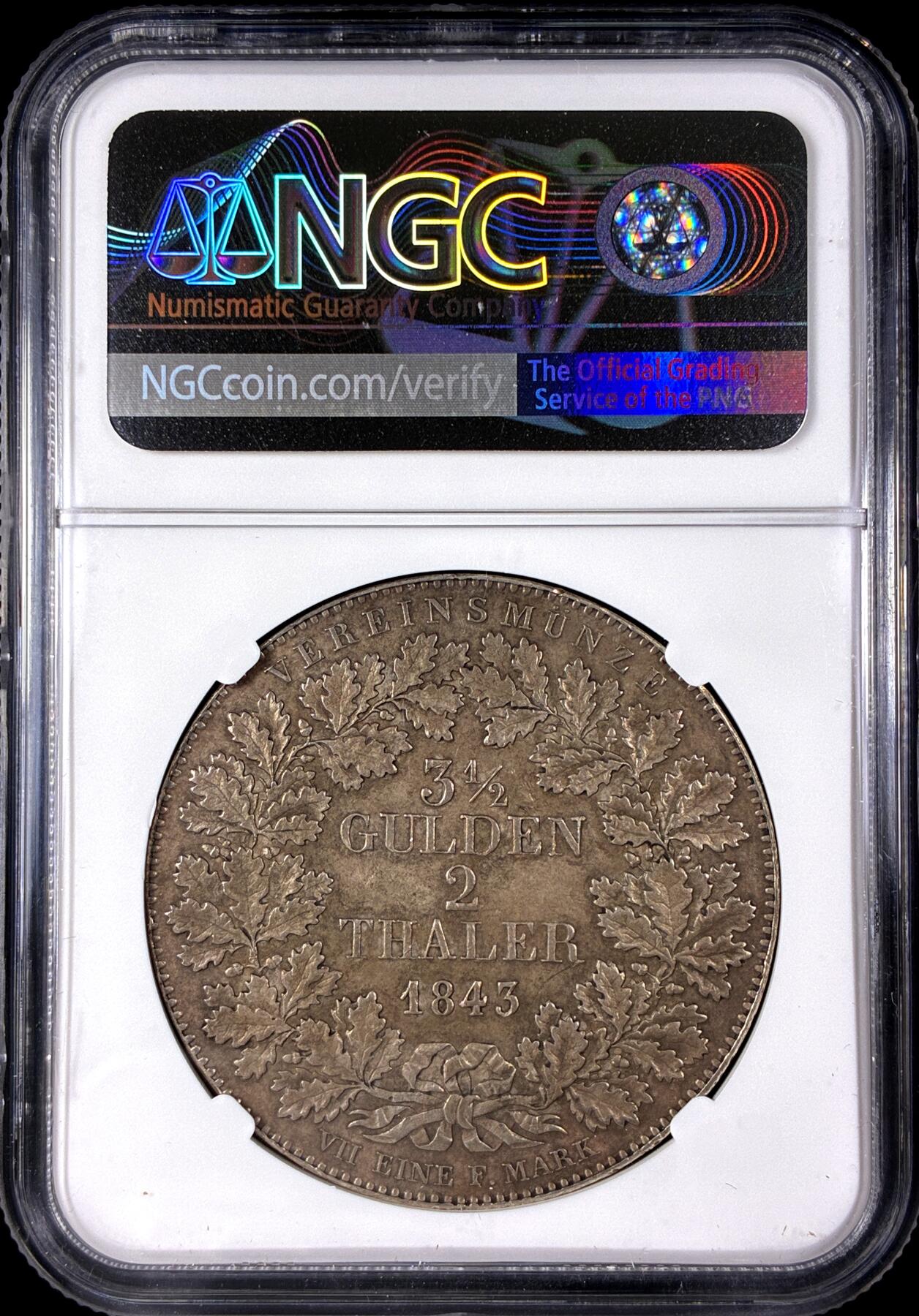 【雨安】【直播拍卖】【第0128期-评级币章】2026-03-14 周六 19:30 (金价1145, 银价22.39) [评级德国] Germany 德国 德意志 2泰勒 Frankfurt法兰克福 Thun.130 KM#0326 景观泰勒 1843年  NGC-AU