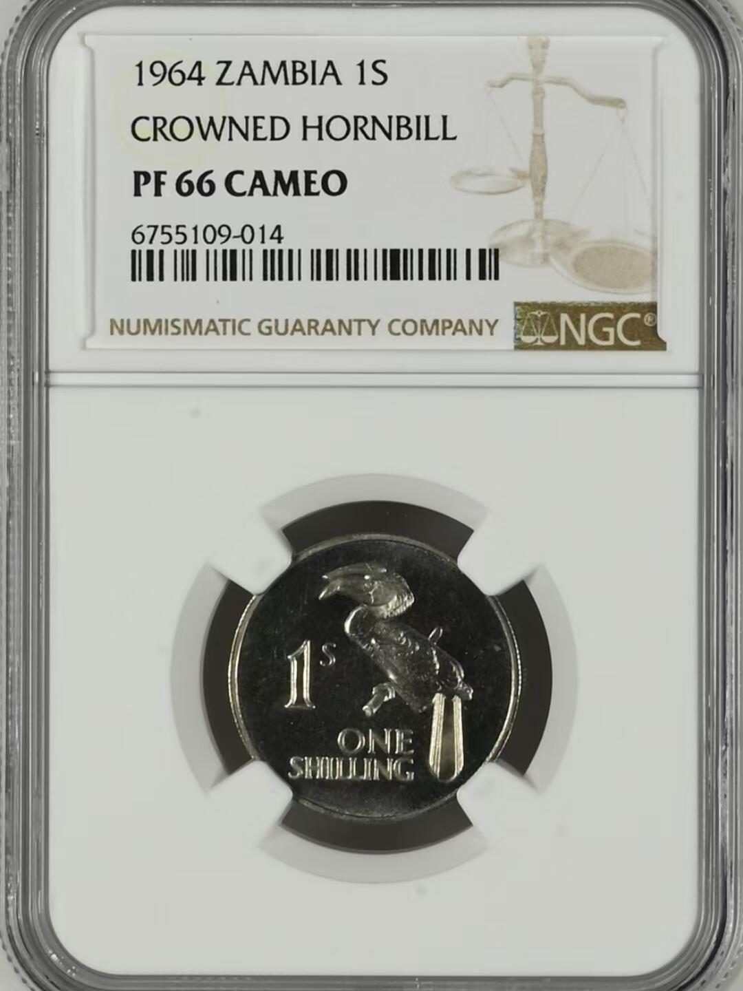 长老汇马年精选第八场拍卖 赞比亚1964年独立首版流通币1先令精制币，NGC PF66 CAMEO，冠军分，发行量：5000  书价高