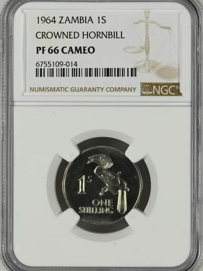 长老汇马年精选第八场拍卖 - 赞比亚1964年独立首版流通币1先令精制币，NGC PF66 CAMEO，冠军分，发行量：5000  书价高