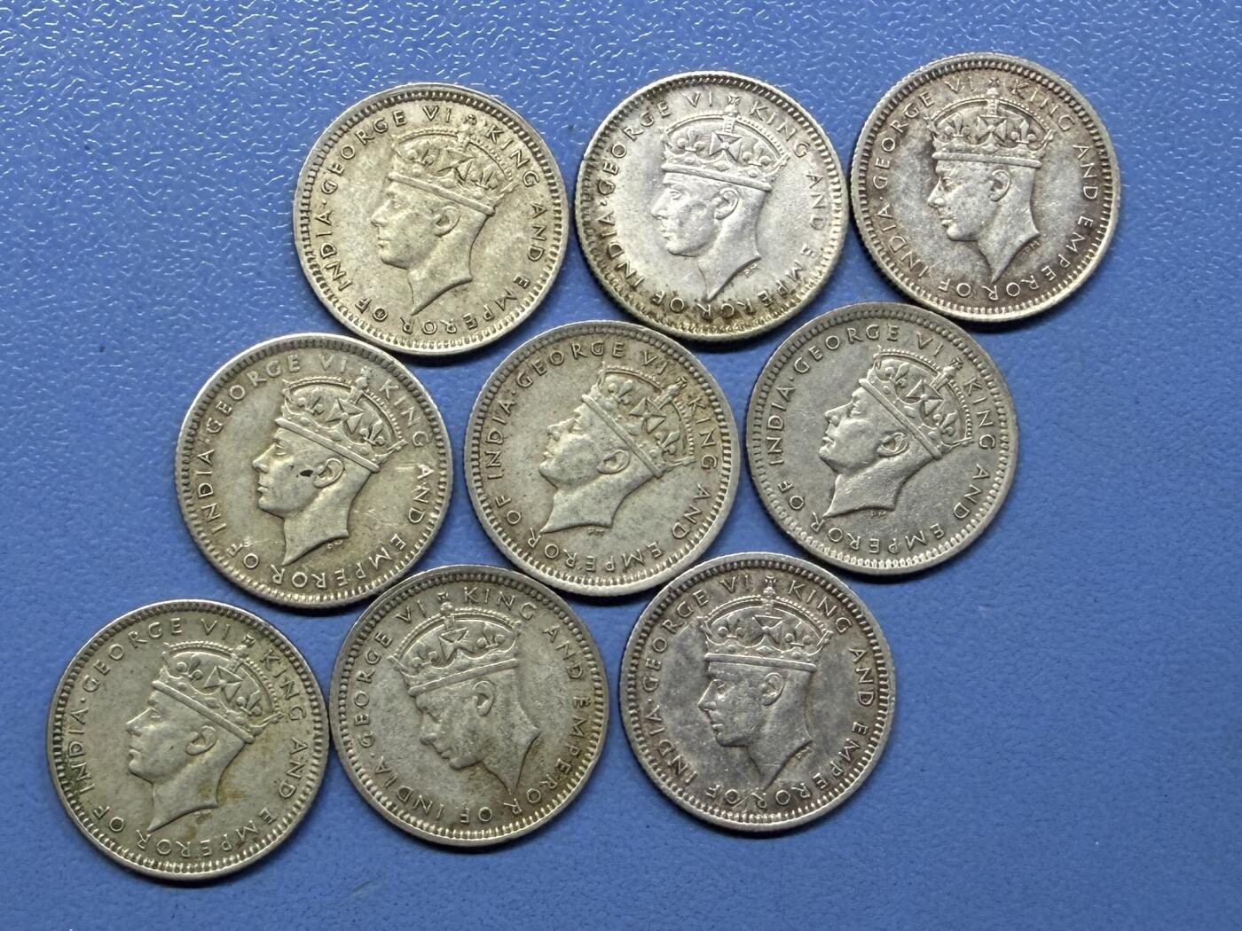 外国银币拍卖 9枚1939-45海峡国英属马来亚乔治六世银币5分小银币 实物图#2