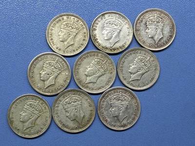 外国银币拍卖 - 9枚1939-45海峡国英属马来亚乔治六世银币5分小银币 实物图#2