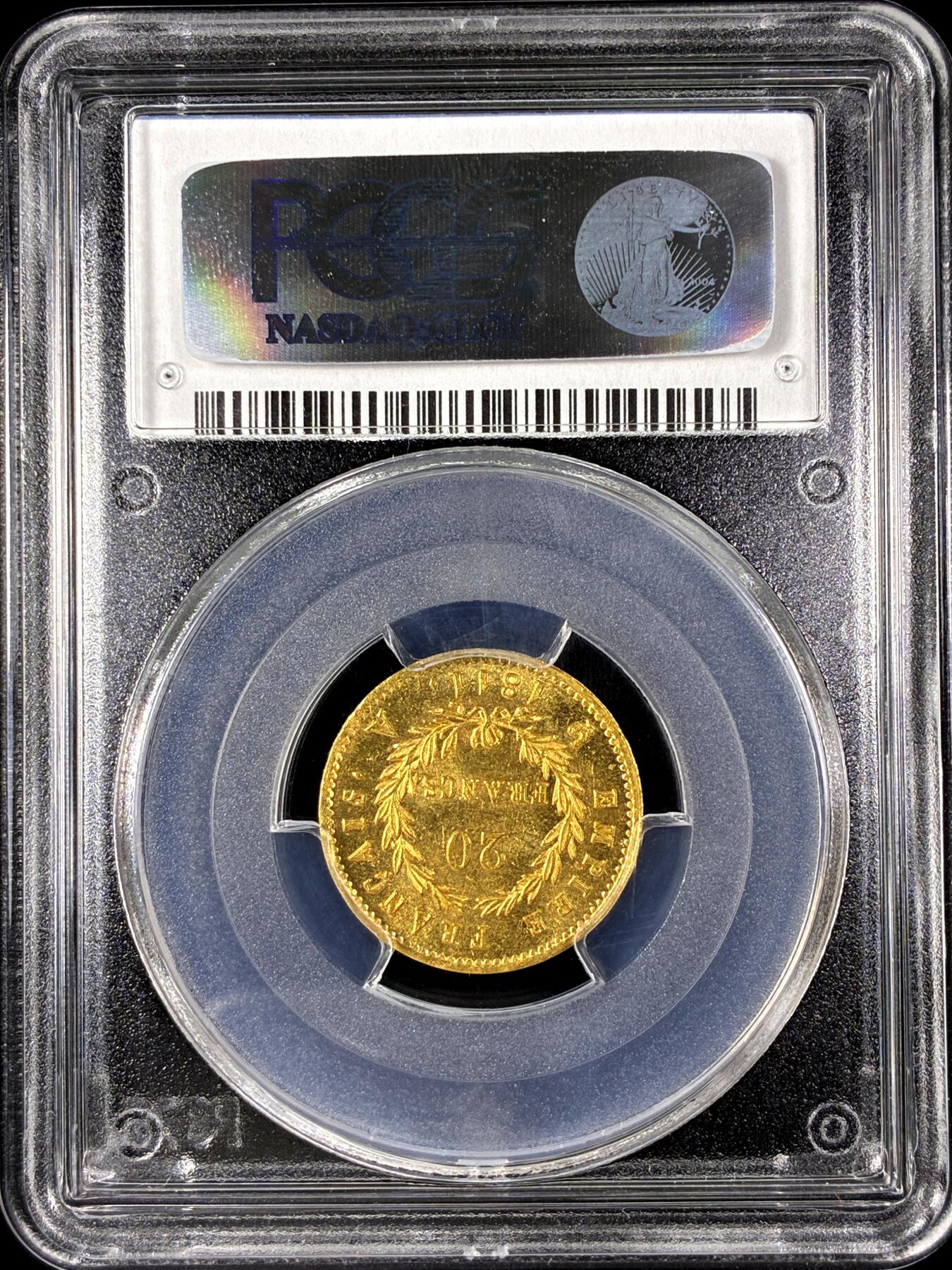 【雨安】【直播拍卖】【第0128期-评级币章】2026-03-14 周六 19:30 (金价1145, 银价22.39) [评级金铂] France [金币] 法国 20法郎 KM#0695 (1809-1814) 拿破仑一世 1811年  PCGS-MS62 曝光底板 严评