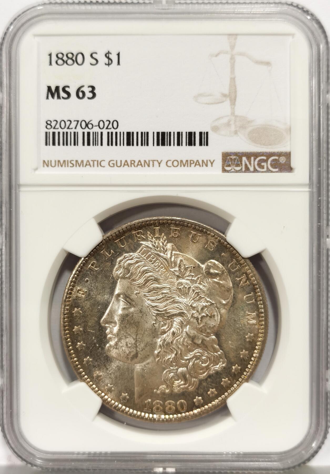 博洋堂世界钱币拍卖第164期（全场包邮） NGC MS63 美国1880年摩根一元，金彩包浆无敌了。