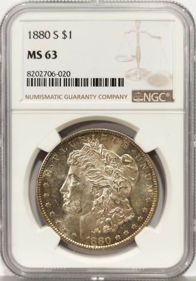 博洋堂世界钱币拍卖第164期（全场包邮） - NGC MS63 美国1880年摩根一元，金彩包浆无敌了。