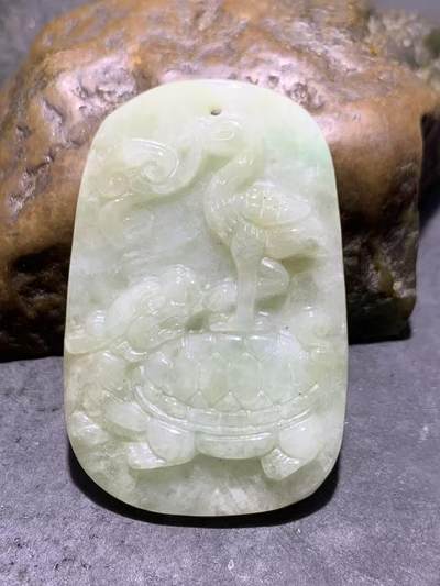 天然A货翡翠雕刻龟鹤延年牌子一个！ - 天然A货翡翠雕刻龟鹤延年牌子一个！