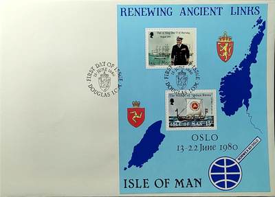 ↓君缘收藏760期☞钱币邮品↓无佣金、可寄存、满30元包邮  - 英属马恩岛邮票，1980年挪威邮展·重续古老联系:挪威国王奥拉夫五世访问和“奥丁渡鸦号”航行地图邮票小全张首日封(大封)