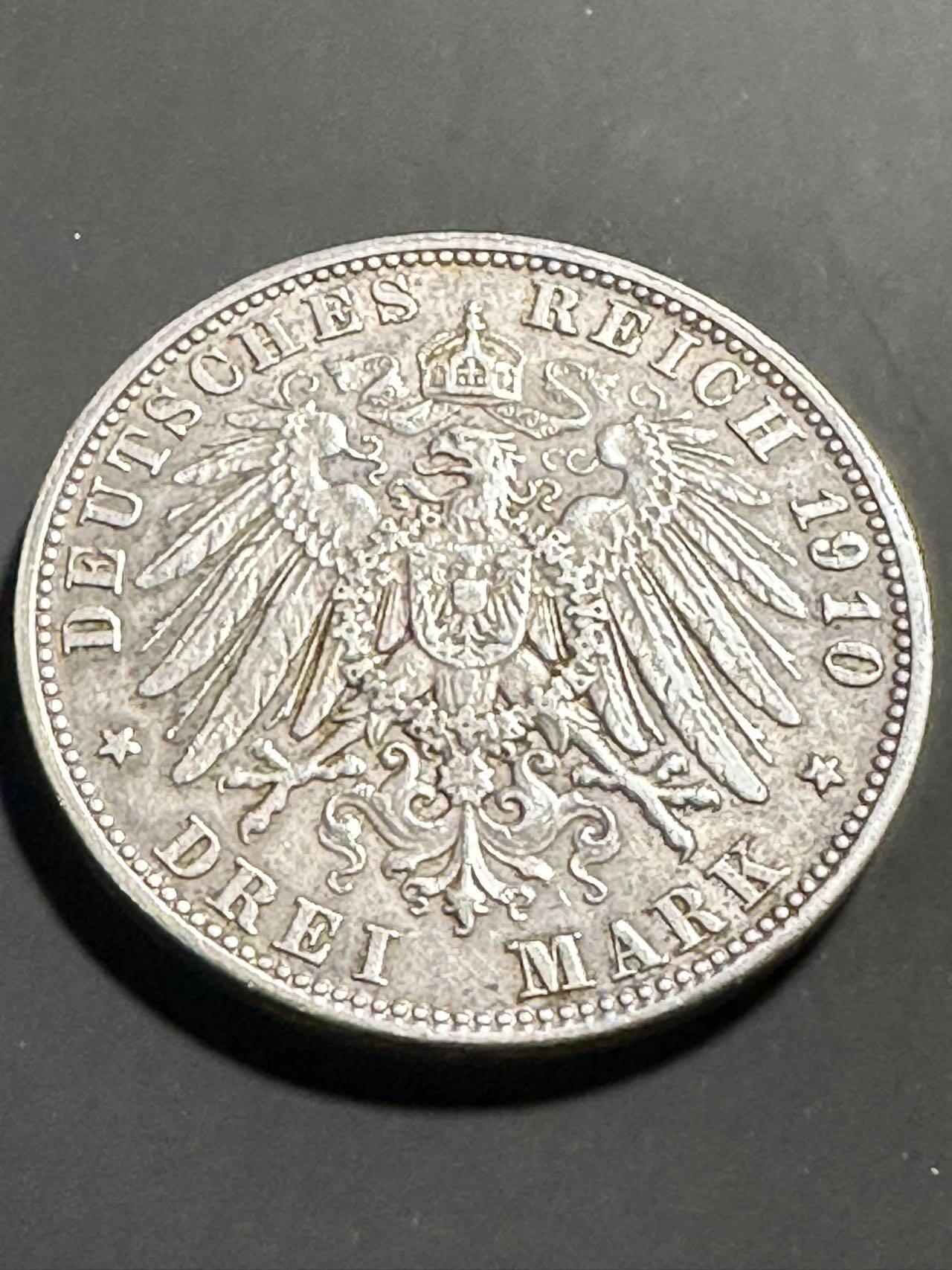 丙午马年三月第二场 精品更新 德国巴伐利亚1910年三马克银币16.7克900银。此枚属洲币少见品种！近期银价震荡，值得投资！