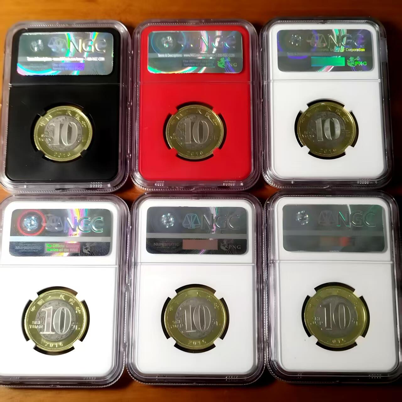 长老汇马年精选第八场拍卖 2016年猴年10元生肖纪念币，不同版本标签6枚一组  NGC MS68PL，评级号末三位全同