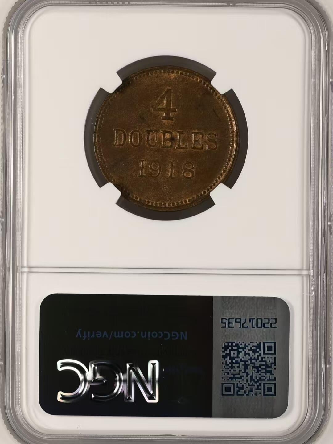 长老汇马年精选第八场拍卖 根西岛1918年4道布尔铜币  百年老币 包浆醇厚 发行量较少  NGC MS63BN，唯一亚军分，更高分仅一枚64分，63分NGC指导价35刀，高分少见，收藏佳品