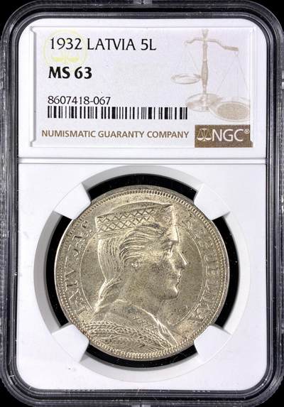 【雨安】【直播拍卖】【第0128期-评级币章】2026-03-14 周六 19:30 (金价1145, 银价22.39) - [评级欧洲] Latvia 拉脱维亚 5拉特 1932年  NGC-MS63