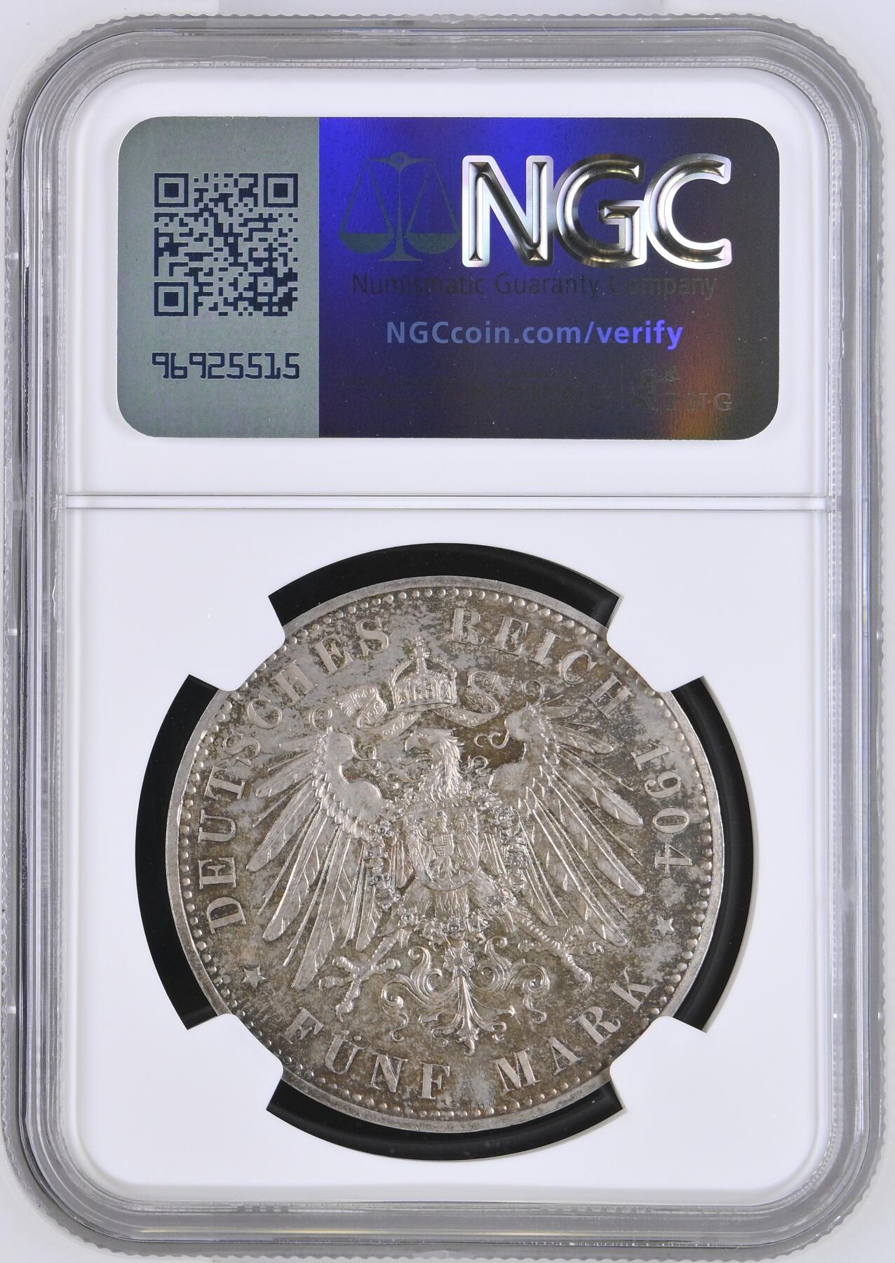 NGC-PF63 1904 德国绍姆堡-利珀5马克精制银币