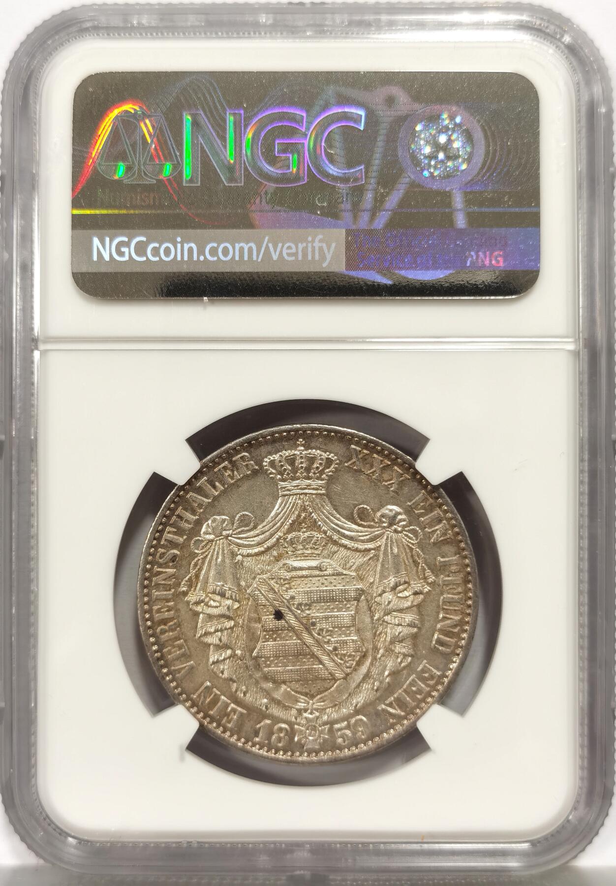 博洋堂世界钱币拍卖第164期（全场包邮） NGC AU58 德国萨克森1859年约翰五世“vereinsthaler”联盟泰勒，早期品种，不多见的小窗帘版，环彩包浆，底板丝滑，低评！
