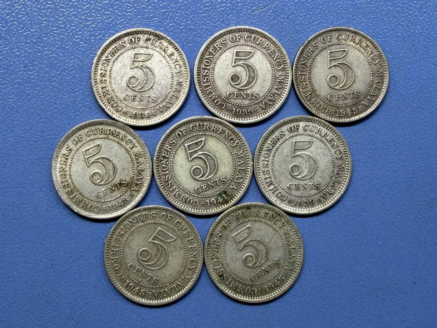 外国银币拍卖 8枚1939-45海峡国英属马来亚乔治六世银币5分小银币 实物图#1