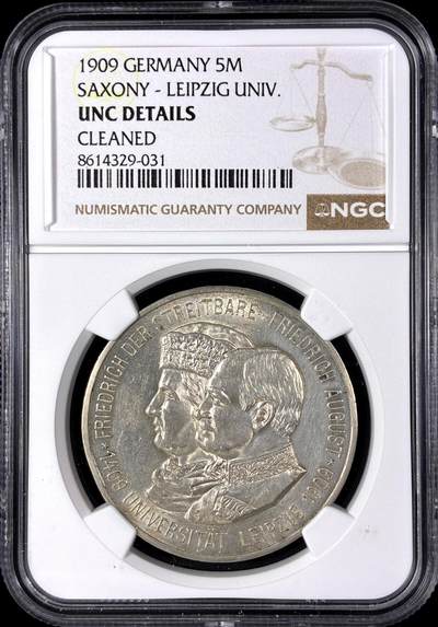 【雨安】【直播拍卖】【第0128期-评级币章】2026-03-14 周六 19:30 (金价1145, 银价22.39) - [评级德国] Germany 德国 帝国 J.139 萨克森 5马克 (1909) 莱比锡大学 1909年  NGC-UNC