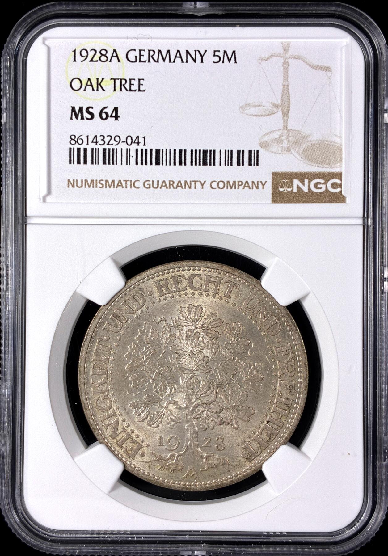 【雨安】【直播拍卖】【第0128期-评级币章】2026-03-14 周六 19:30 (金价1145, 银价22.39) [评级德国] Germany 德国 魏玛 5马克 KM#56 橡树 1928年  NGC-MS64