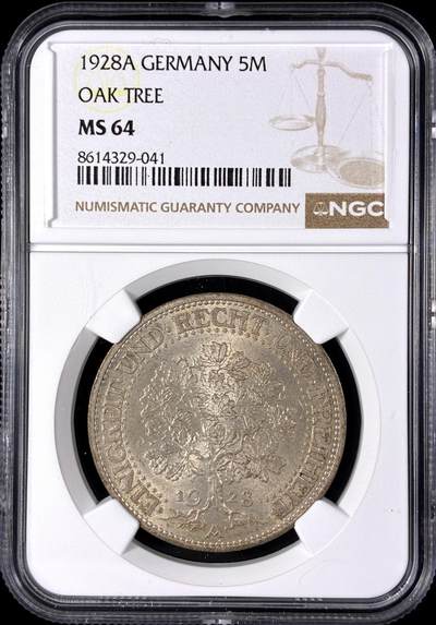 【雨安】【直播拍卖】【第0128期-评级币章】2026-03-14 周六 19:30 (金价1145, 银价22.39) - [评级德国] Germany 德国 魏玛 5马克 KM#56 橡树 1928年  NGC-MS64