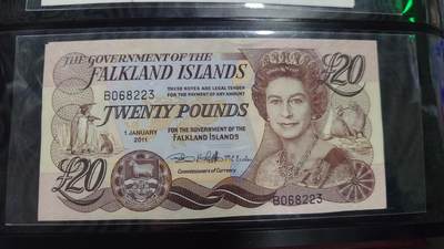 世界钱币～微拍第239期暨2026年第20期  部分尾货整理陆续低价起拍清仓 - 2011年福克兰群岛20镑 全新绝品无47尾号223