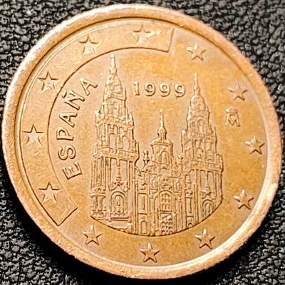 泉币菌-第207场-拍品多 请提前出价 - 欧元 1999年西班牙5欧分硬币 圣地亚哥-德 孔波斯特拉主教座堂 21mm