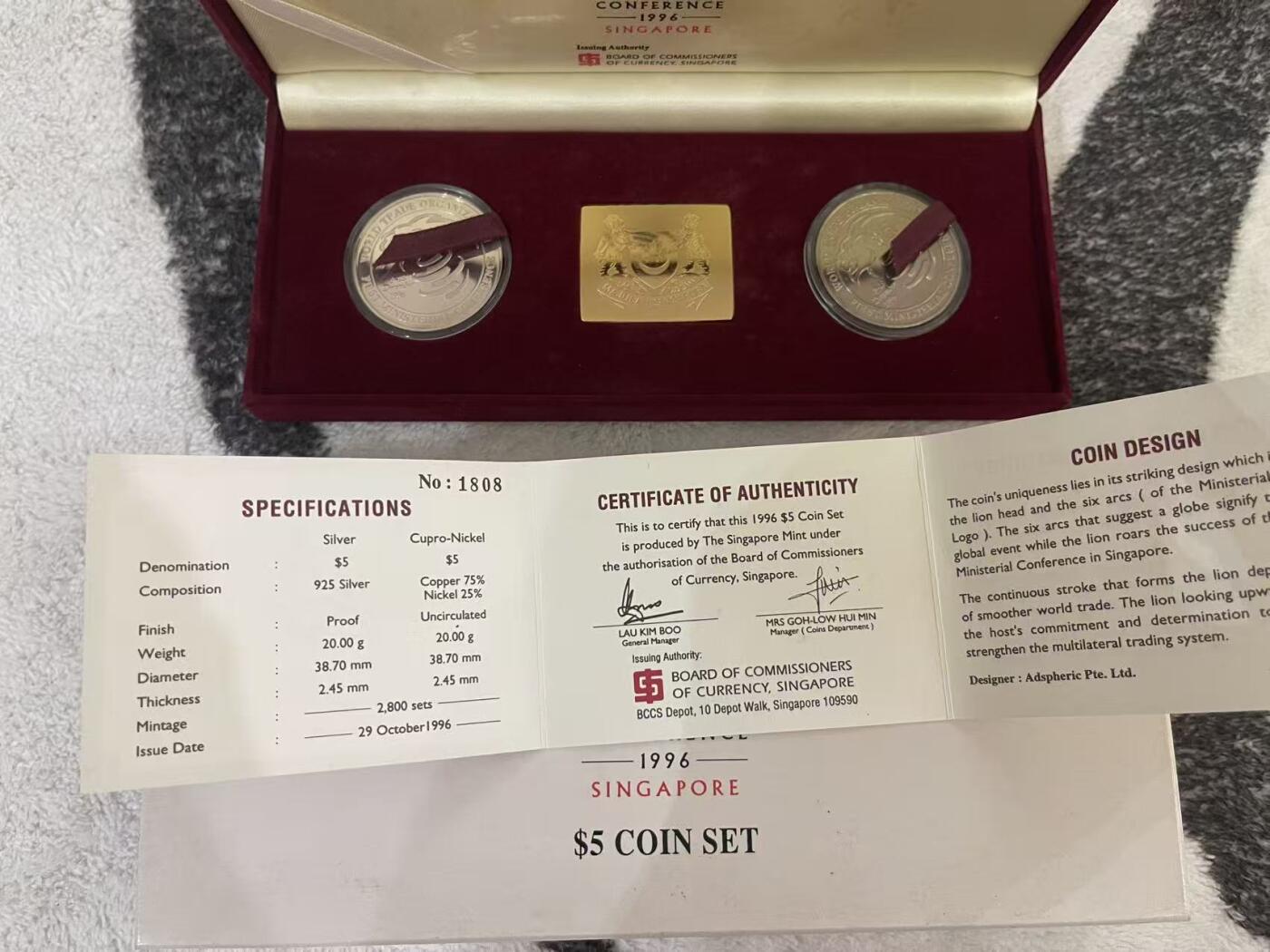 ❤️【币观天下】❤️ 第344期钱币秒杀拍卖场- 2026.3.6周五晚上6点半场 长期征集拍品  新加坡1996年世界贸易组织纪念银币套装2合1 盒证齐全 限量发行2800套