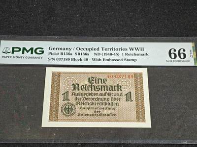 刘世昌艺术品销售中心～虎踞龙蟠*金杨在线联拍群第519期 - 德国1940-45年1马克（PMG    66E    号码：40-037189）1枚。