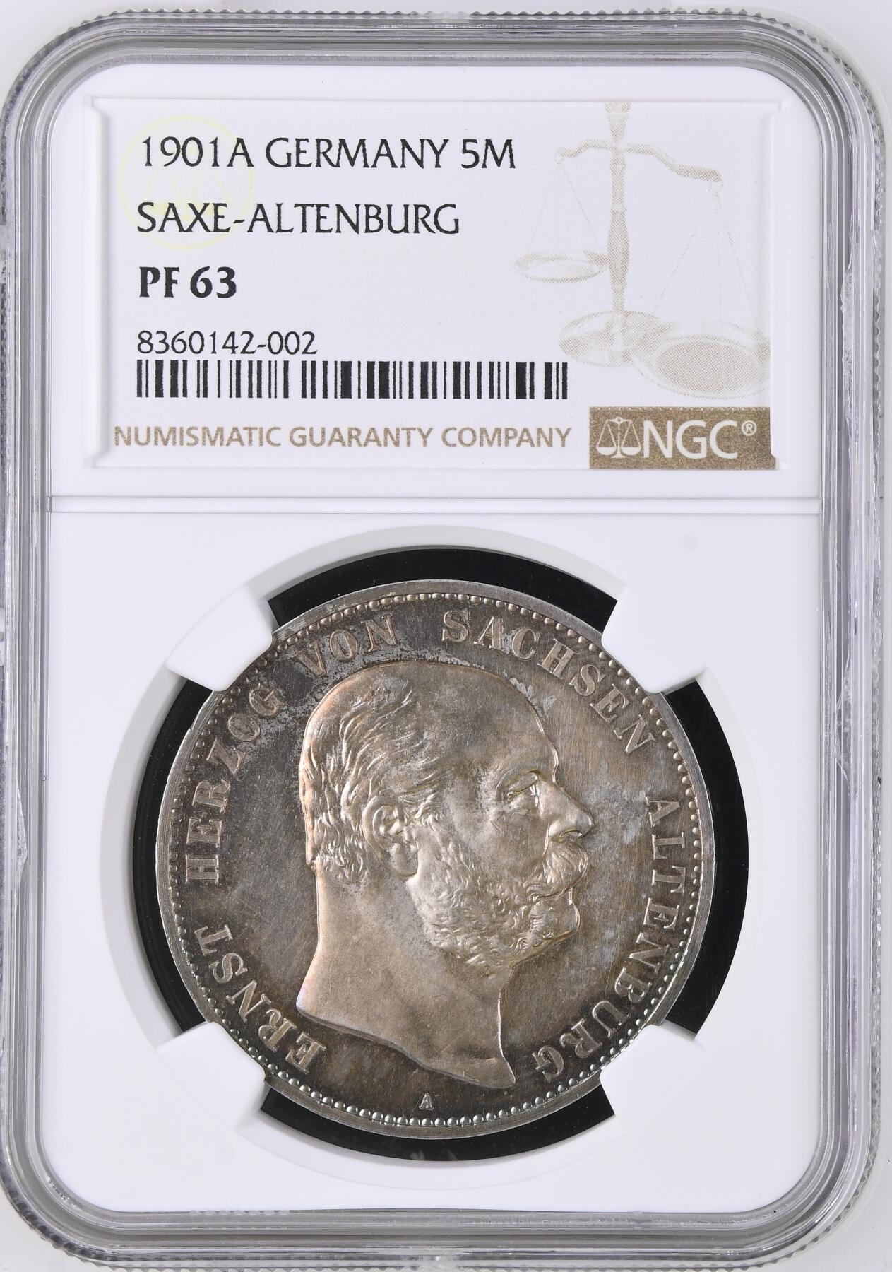 NGC-PF63 1901-A 德国萨克森-阿尔滕堡5马克精制银币