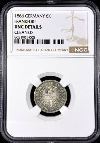 【雨安】【直播拍卖】【第0128期-评级币章】2026-03-14 周六 19:30 (金价1145, 银价22.39) - [评级德国] Germany 德国 德意志 法兰克福 6克鲁泽 1866年  NGC-UNC 深打, 一流光度 严评