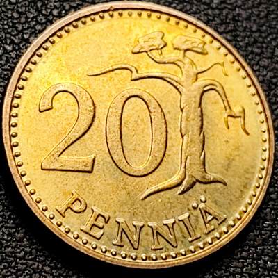 泉币菌-第208场-拍品多 请提前出价 - 原铜光极美 1977年芬兰20芬尼铜币 狮子持剑 4.5g 22mm