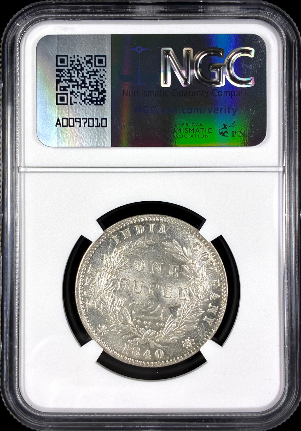 【雨安】【直播拍卖】【第0128期-评级币章】2026-03-14 周六 19:30 (金价1145, 银价22.39) [评级亚洲] India 英属印度 1卢比 KM#0458 1840年 维多利亚  NGC-MS62