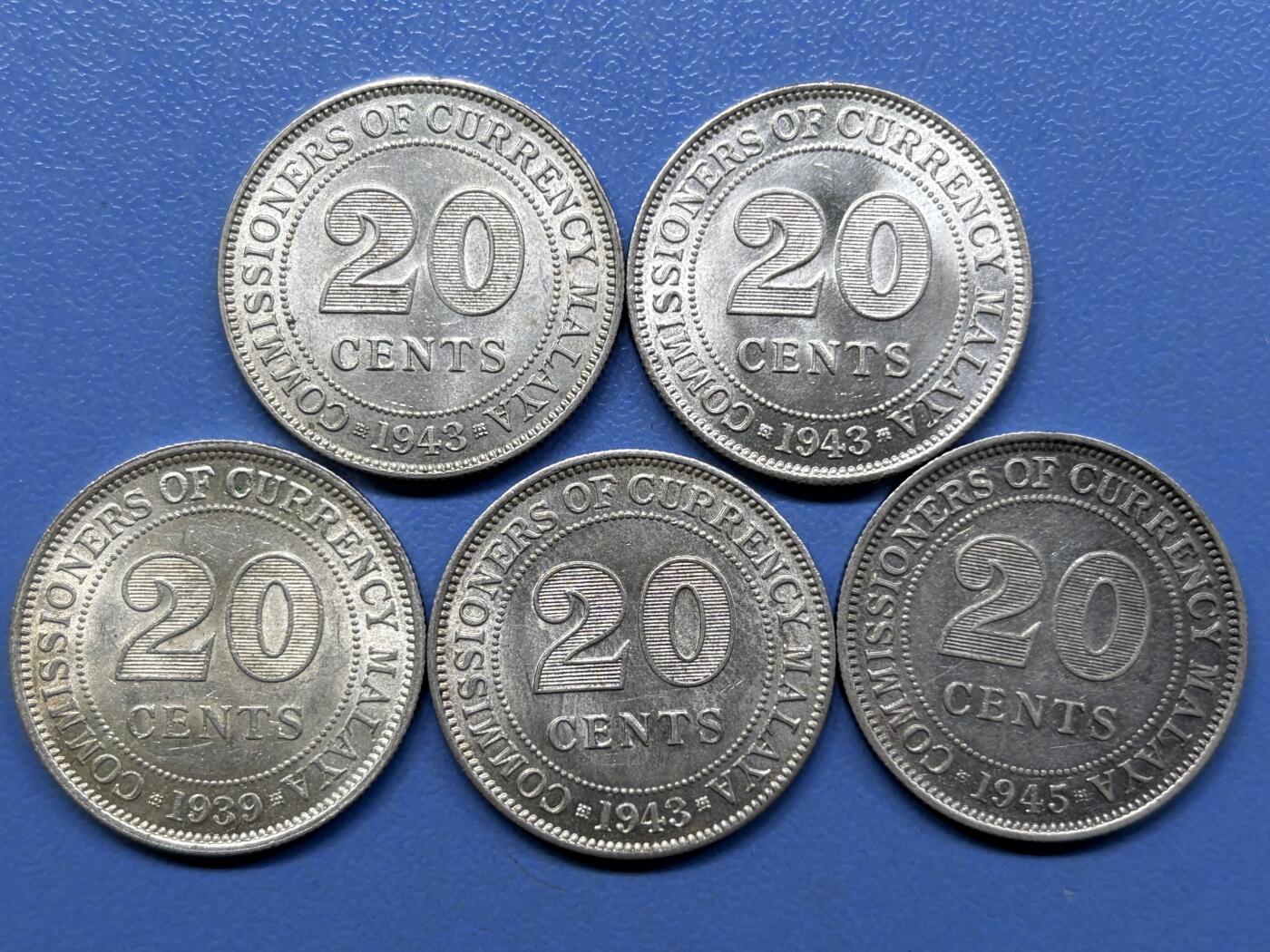 外国银币拍卖 1939-45年5枚英属马来亚 20分银币实物图
