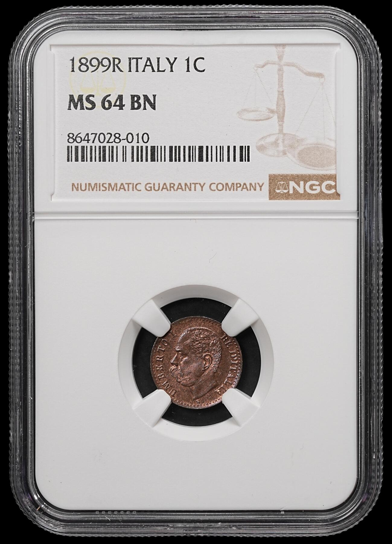 修遠堂世界钱币第107期 NGC MS64BN 1899年意大利1分铜币