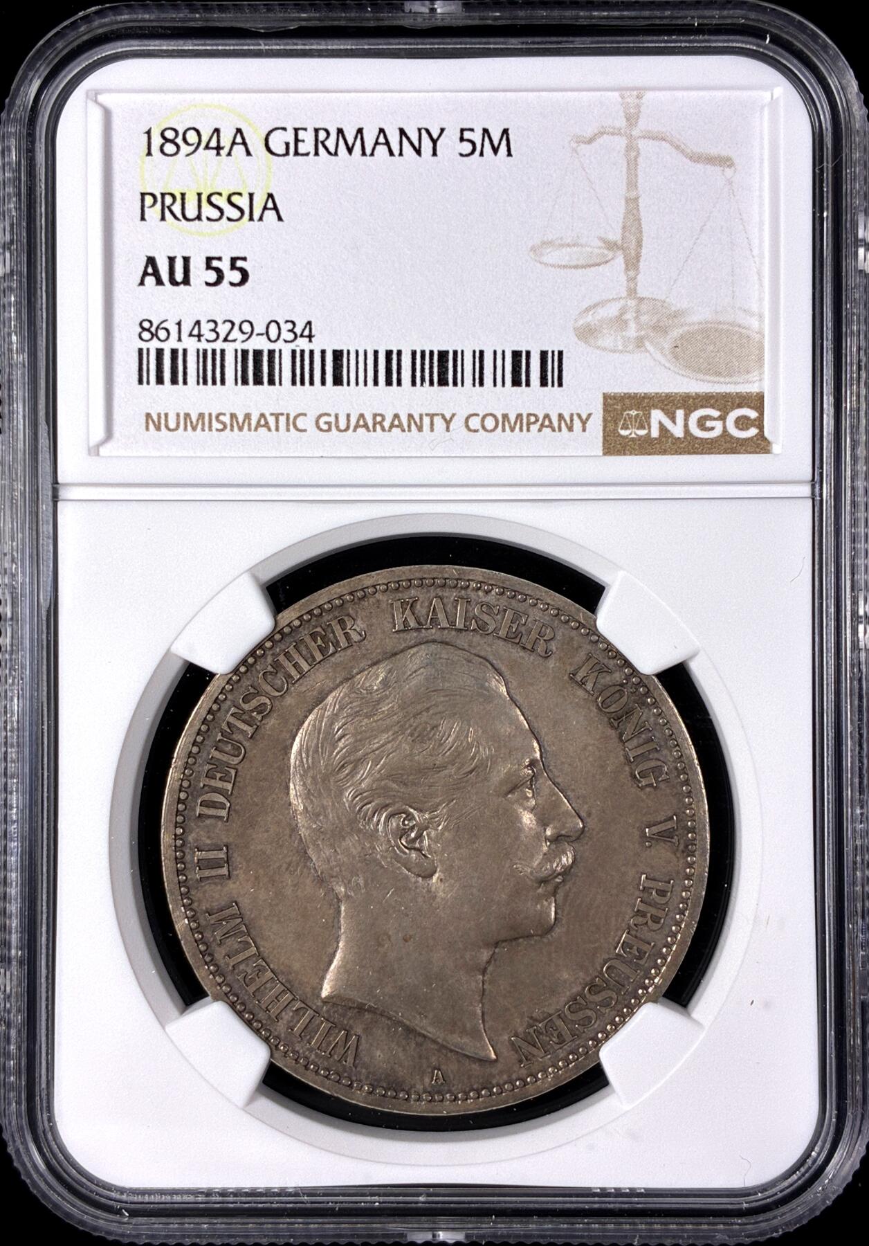 【雨安】【直播拍卖】【第0128期-评级币章】2026-03-14 周六 19:30 (金价1145, 银价22.39) [评级德国] Germany 德国 帝国 J.104 普鲁士 5马克 (1891-1908) 威廉二世 1894年  NGC-AU55 早期年份, AU55品相非常难得