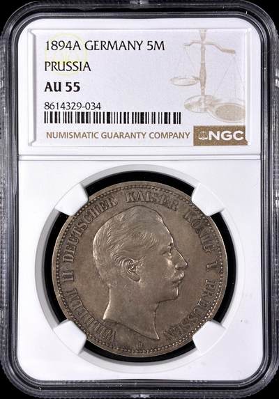【雨安】【直播拍卖】【第0128期-评级币章】2026-03-14 周六 19:30 (金价1145, 银价22.39) - [评级德国] Germany 德国 帝国 J.104 普鲁士 5马克 (1891-1908) 威廉二世 1894年  NGC-AU55 早期年份, AU55品相非常难得