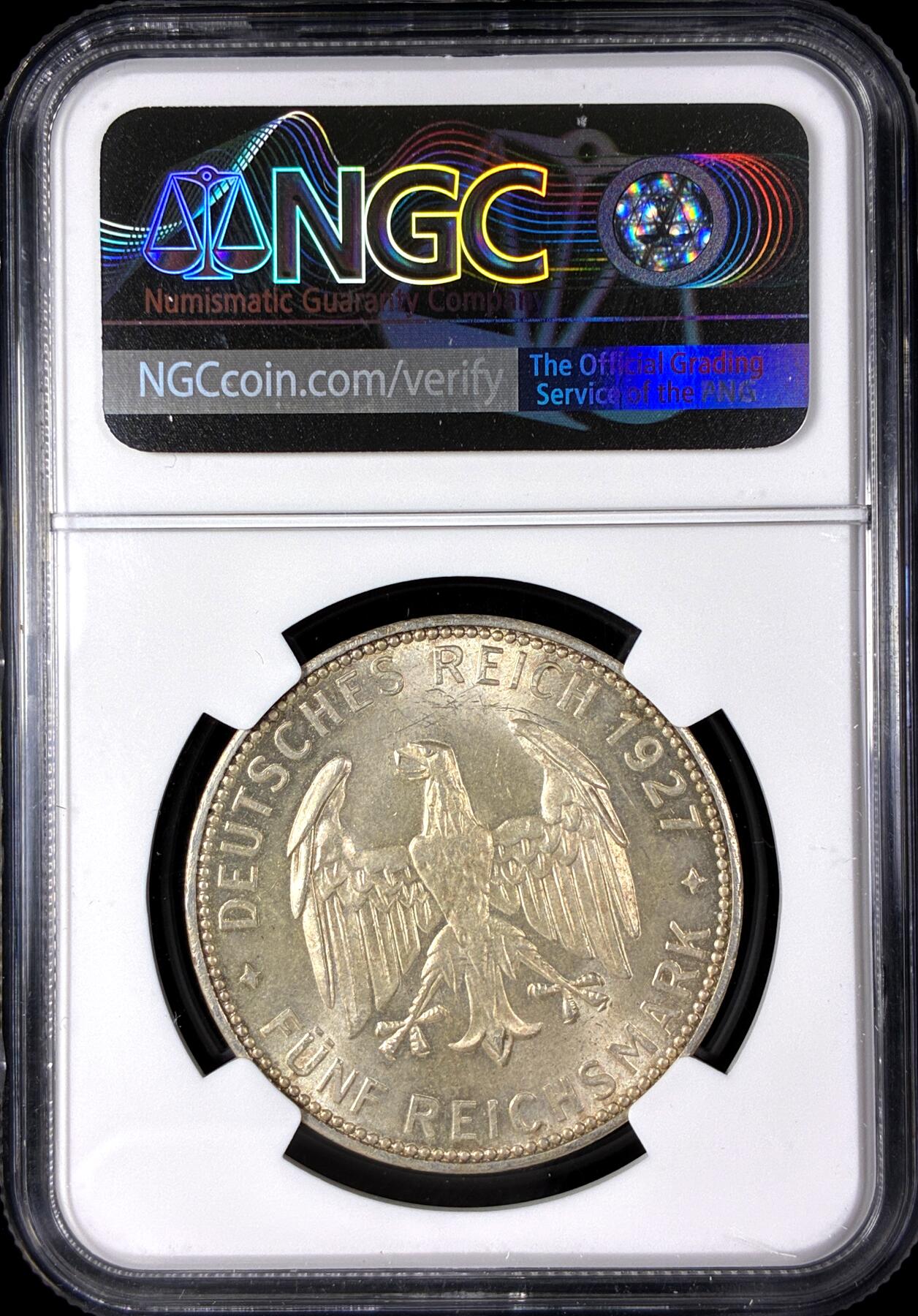 【雨安】【直播拍卖】【第0128期-评级币章】2026-03-14 周六 19:30 (金价1145, 银价22.39) [评级德国] Germany 德国 魏玛 5马克 KM#55 图宾根大学 1927年  NGC-MS64 丝绸般粉光