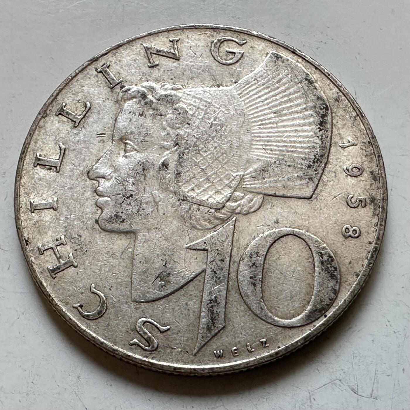 🌹外币初藏🌹🐯2026年第28场   每周二四六晚8️⃣点 接代拍 奥地利 1958年 奥地利女神 10先令银币 64%银 7.4g 29mm