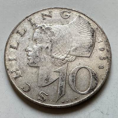 🌹外币初藏🌹🐯2026年第28场   每周二四六晚8️⃣点 接代拍 - 奥地利 1958年 奥地利女神 10先令银币 64%银 7.4g 29mm