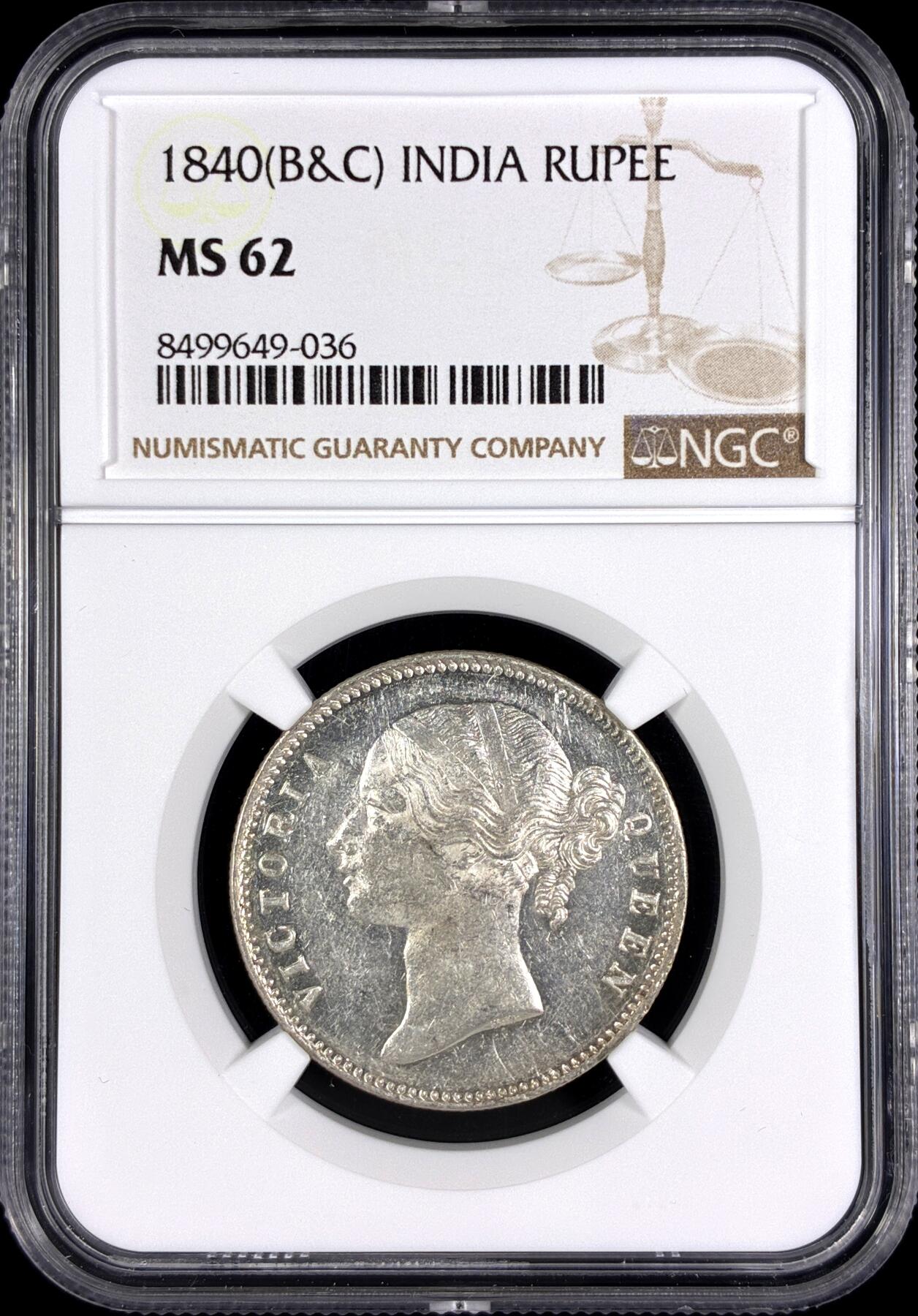 【雨安】【直播拍卖】【第0128期-评级币章】2026-03-14 周六 19:30 (金价1145, 银价22.39) [评级亚洲] India 英属印度 1卢比 KM#0458 1840年 维多利亚  NGC-MS62