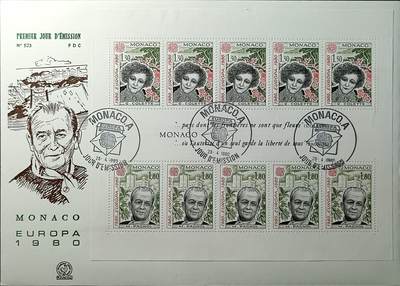 ↓君缘收藏760期☞钱币邮品↓无佣金、可寄存、满30元包邮  - 摩纳哥邮票，1980年欧罗巴著名人物·作家科莱特和马塞尔·帕尼奥尔邮票小版张首日封(大封)