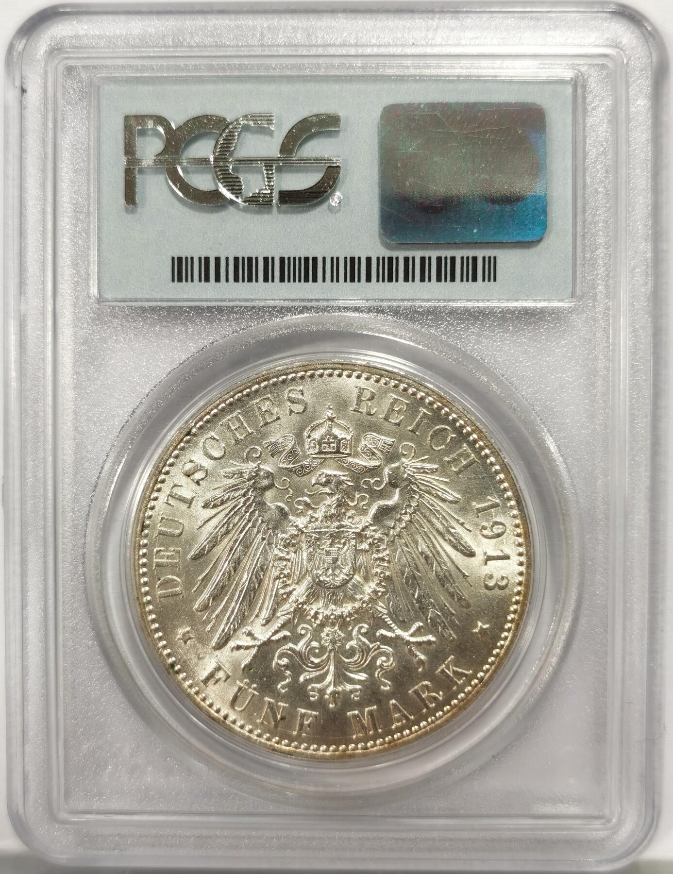 博洋堂世界钱币拍卖第164期（全场包邮） PCGS AU58 德国普鲁士1913年威廉二世戎装像5马克纪念银币，币面清爽干净又舒适，转光强烈细节优秀，保存状态极佳，略为低估，状态和品质不输MS级。