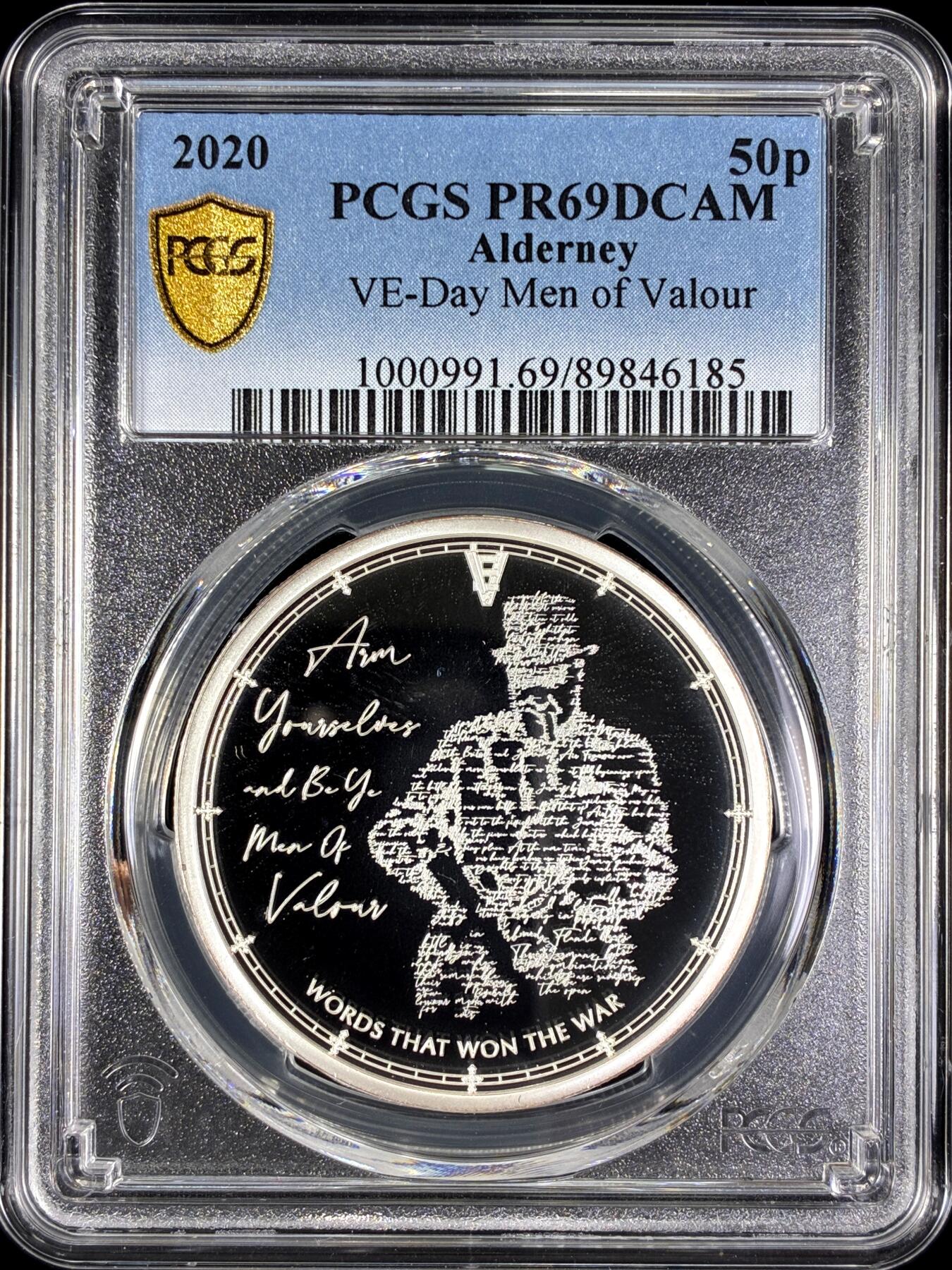 【雨安】【直播拍卖】【第0128期-评级币章】2026-03-14 周六 19:30 (金价1145, 银价22.39) [评级现代] Alderney 奥尔德尼 50便士 2020年 VE-Day PCGS-PR69DCAM 精制币