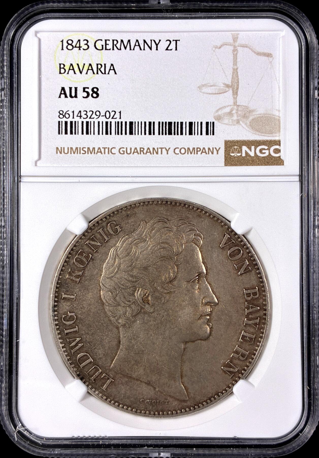 【雨安】【直播拍卖】【第0128期-评级币章】2026-03-14 周六 19:30 (金价1145, 银价22.39) [评级德国] Germany 德国 德意志 2泰勒 Bavaria巴伐利亚 Thun.074 KM#0814 (1842-1848) 路德维希一世 1843年  NGC-AU58