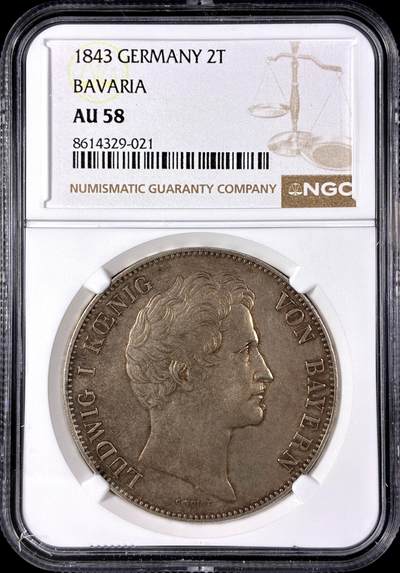 【雨安】【直播拍卖】【第0128期-评级币章】2026-03-14 周六 19:30 (金价1145, 银价22.39) - [评级德国] Germany 德国 德意志 2泰勒 Bavaria巴伐利亚 Thun.074 KM#0814 (1842-1848) 路德维希一世 1843年  NGC-AU58