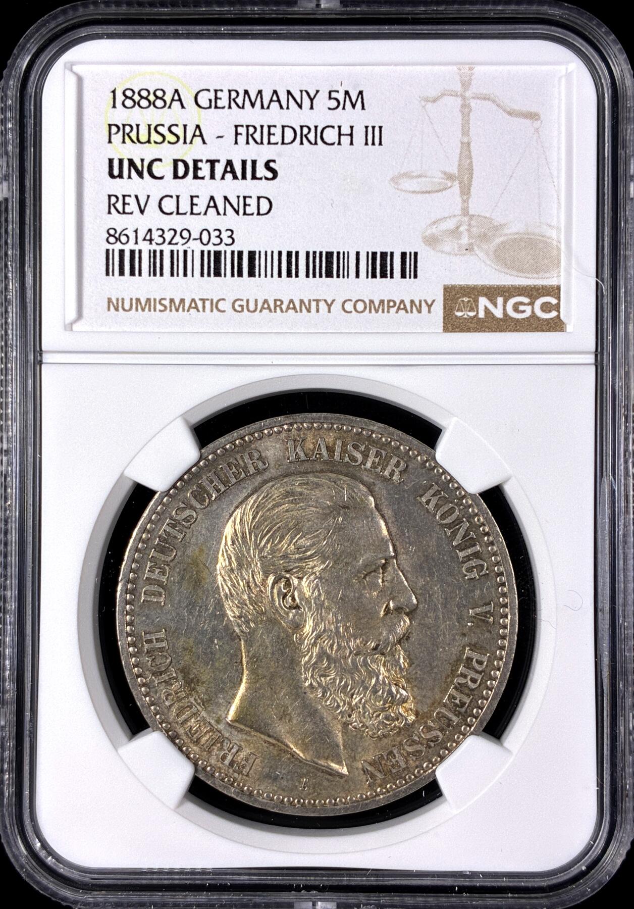 【雨安】【直播拍卖】【第0128期-评级币章】2026-03-14 周六 19:30 (金价1145, 银价22.39) [评级德国] Germany 德国 帝国 J.099 普鲁士 5马克 (1888) 三皇 1888年  NGC-UNC